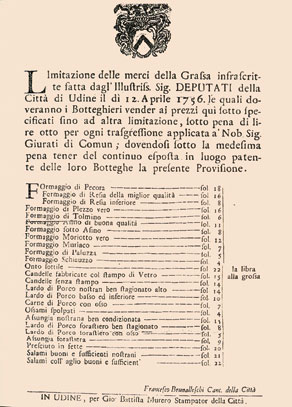 Cenik živil, ki so jih leta 1756 prodajali na tržnici v Vidmu. Med njimi sta tudi bovški in tolminski sir. (Arhiv Tolminskega muzeja)