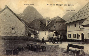 Najvišja točka obsoške ceste je bil prelaz Predel. Tu se je konec 19. stoletja nahajalo več gostiln, kjer so se lahko trgovci, furmani ter njihove živali okrepčali in prenočili. (Arhiv Tolminskega muzeja)