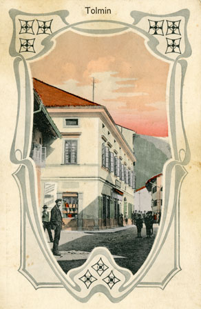 Na Tolminskem sta bila glavna veletrgovca Cazafura v Tolminu in Kovačič na Mostu na Soči. Oba sta najprej trgovala z lesom, kasneje pa odprla še stalni prodajalni. Na razglednici je Cazafurova trgovina na glavnem trgu v Tolminu. (Arhiv Tolminskega muzeja)