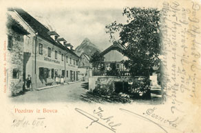 Razglednica priljubljene Rejdarjeve gostilne v Bovcu odposlana leta 1900. (E. Trinka, zasebna last)