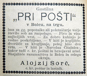 Oglas Sorčevega hotela v Bovcu. (Ročni kažipot 1898)