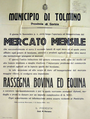 Plakat iz leta 1930, ki je napovedoval odprtje živinske tržnice v Tolminu. (Arhiv PANG)