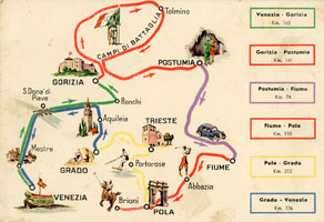 Med vojnama je bil avtomobilski promet že dobro razširjen, zato je veliko turistov v Zgornje Posočje pripotovalo z lastnim avtomobilom. Na razglednici iz leta 1939 so vrisane priljubljene avtomobilske ture, med drugimi tudi skozi Posočje, mimo lokacij bojev v prvi svetovni vojni. (Arhiv Tolminskega muzeja)
