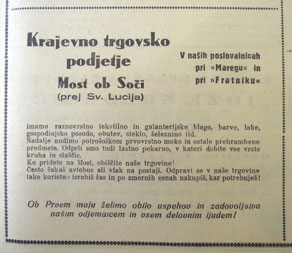 Oglas Krajevnega trgovskega podjetja Most na Soči pod upravo katerega sta bili tudi nacionalizirani trgovini Ignaca Fratnika in Eligija Marege. (Nova Gorica 1952)