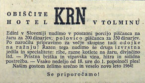 Oglas hotela Krn, največjega gostinskega objekta v Tolminu. (Primorske novice, 1964)
