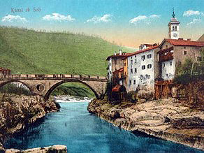 Kanal with a picturesque bridge across the Soca River. Kanal with a picturesque bridge across the Soca River.