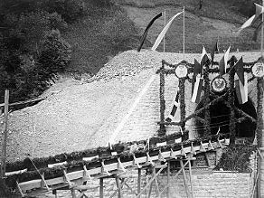 Festively decorated southern entrance of the Bohinj Tunnel on the day of its breakthrough. Festively decorated southern entrance of the Bohinj Tunnel on the day of its breakthrough.
