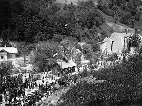 A procession of locals in front of the entrance of the Bohinj Tunnel after breakthrough. A procession of locals in front of the entrance of the Bohinj Tunnel after breakthrough.