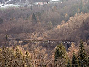View of the Bukovo Viaduct from the main road through the Baca Valley. View of the Bukovo Viaduct from the main road through the Baca Valley.