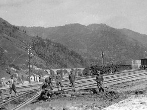 Part of the railroad before the Most na Soci station that was destroyed during the First World War. Part of the railroad before the Most na Soci station that was destroyed during the First World War.