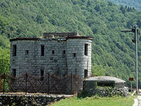 A Austrian fortress and a small Italian bunker on the left bank of the Idrijca River. A Austrian fortress and a small Italian bunker on the left bank of the Idrijca River.