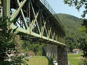 A view of the viaduct from below the large fortress on the left bank of the Idrijca River. A view of the viaduct from below the large fortress on the left bank of the Idrijca River.