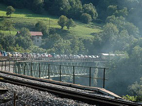 The car transport train, which has been running since 1999 on the Idrijca Viaduct. The car transport train, which has been running since 1999 on the Idrijca Viaduct.