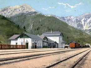 A postcard showing the Podbrdo railway station after the line was opened. A postcard showing the Podbrdo railway station after the line was opened.