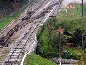 A view of the station platform from above the southern entrance of the Bohinj Tunnel. A view of the station platform from above the southern entrance of the Bohinj Tunnel.