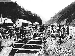 Regulating the course of the Baca River and building foundations for the Hudajuzna railway station. Regulating the course of the Baca River and building foundations for the Hudajuzna railway station.
