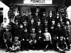 Station staff and soldiers at the Podmelec railway station during the First World War. Station staff and soldiers at the Podmelec railway station during the First World War.