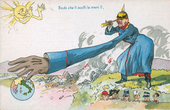 In 1882, Italy joined the defensive alliance concluded between Austria and Germany, thus officially creating the alliance known as the Central Powers. Despite officially being an ally, Italy did not completely trust Germany. It was apprehensive of its mighty military machine and the German aspirations regarding access to the Adriatic. The propaganda postcard shows Italy advising Germany to exercise caution in its military campaigns in order to avoid getting burnt. (Tolminski muzej) In 1882, Italy joined the defensive alliance concluded between Austria and Germany, thus officially creating the alliance known as the Central Powers. Despite officially being an ally, Italy did not completely trust Germany. It was apprehensive of its mighty military machine and the German aspirations regarding access to the Adriatic. The propaganda postcard shows Italy advising Germany to exercise caution in its military campaigns in order to avoid getting burnt. (Tolminski muzej)
