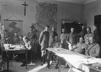 Facilities used in the planning of combat and providing general orders were well-organised in the military rear, safely hidden from the actual suffering and horrors. Military headquarters responsible for the Isonzo Front under the command of General Svetozar Borojević von Bojna were located in Postojna. Command of XV. army corps was located at Kneža. (Tolminski muzej) Facilities used in the planning of combat and providing general orders were well-organised in the military rear, safely hidden from the actual suffering and horrors. Military headquarters responsible for the Isonzo Front under the command of General Svetozar Borojević von Bojna were located in Postojna. Command of XV. army corps was located at Kneža. (Tolminski muzej)