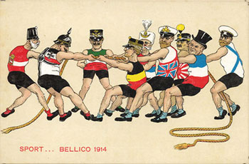 Despite having entered into an alliance with Germany and the Habsburg Monarchy, at the start of the war Italy instead opted for neutrality, thus successfully avoiding war for nearly a year. Meanwhile, the Monarchy was playing a delicate game of diplomacy, amusingly portrayed by the author on one of the various propaganda postcards depicting similar motifs. (Tolminski muzej) Despite having entered into an alliance with Germany and the Habsburg Monarchy, at the start of the war Italy instead opted for neutrality, thus successfully avoiding war for nearly a year. Meanwhile, the Monarchy was playing a delicate game of diplomacy, amusingly portrayed by the author on one of the various propaganda postcards depicting similar motifs. (Tolminski muzej)