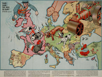 Satirična angleška karta, natisnjena leta 1914, kaže na napeto politično situacijo v Evropi pred začetkom velike vojne.(www.WW1propaganda.com) Satirična angleška karta, natisnjena leta 1914, kaže na napeto politično situacijo v Evropi pred začetkom velike vojne.(www.WW1propaganda.com)