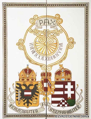 Above the entrance of the church: the Austrian and Hungarian coats of arms connected with the Habsburg coat of arms. Regional Unit Nova Gorica (IPCHS RU Nova Gorica), documentation of Javorca - Memorial Church of the Holy Spirit EŠD 200. Above the entrance of the church: the Austrian and Hungarian coats of arms connected with the Habsburg coat of arms. Regional Unit Nova Gorica (IPCHS RU Nova Gorica), documentation of Javorca - Memorial Church of the Holy Spirit EŠD 200.