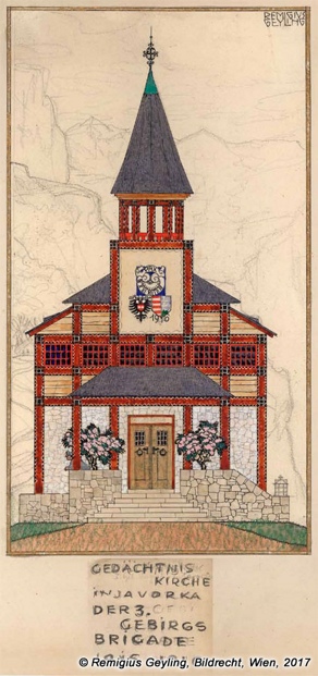 Remigius Geyling: plan of the main facade of the memorial church of the 3rd Mountain Brigade in Javorca. Geyling Family Archive, Tolmin Museum. Remigius Geyling: plan of the main facade of the memorial church of the 3rd Mountain Brigade in Javorca. Geyling Family Archive, Tolmin Museum.